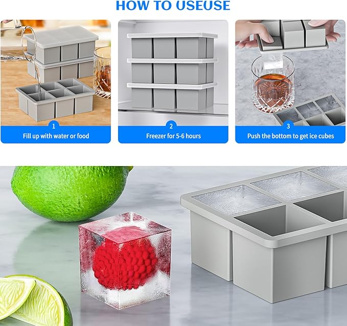 Large Ice Cube Tray for Whiskey 3 Pack, HANCELANT Big Silicone Square Ice Cube Mold with Removable Lid, 2'' Huge Square Ice Cubed Tray for Whisky and Cocktail(Grey)