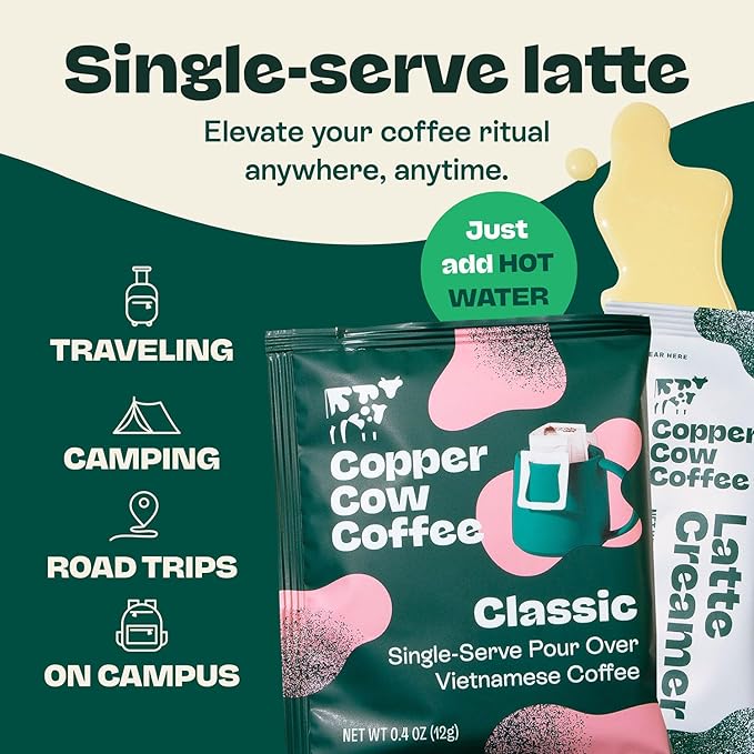 Copper Cow Coffee Pour Over Vietnamese Coffee Pouches + Sweetened Condensed Milk Creamers (8 Coffees & 8 Milk Creamers) | Classic Black Lattes, No Refrigeration Needed, Travel Friendly