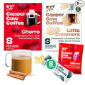 Copper Cow Coffee Pour Over Vietnamese Coffee Pouches + Sweetened Condensed Milk Creamers (8 Coffees & 8 Milk Creamers) | Churro Lattes, No Refrigeration Needed, Travel Friendly