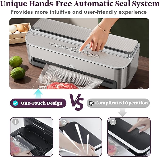 Mesliese Vacuum Sealer Machine, 85kPa 120W Automatic Food Sealer, Powerful Sealing System, Build-in Cutter | Bags Storage | Moist Mode and Air Suction Hose (Silver)