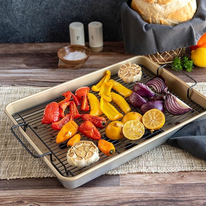Nordic Ware High-Sided Half Sheet Oven Crisping Baking Tray with Rack, Natural Nonstick Aluminum For Air Frying, Crisping, Broiling, Baking; Cooking Surface 17.9 x 12.9 x 2 inches