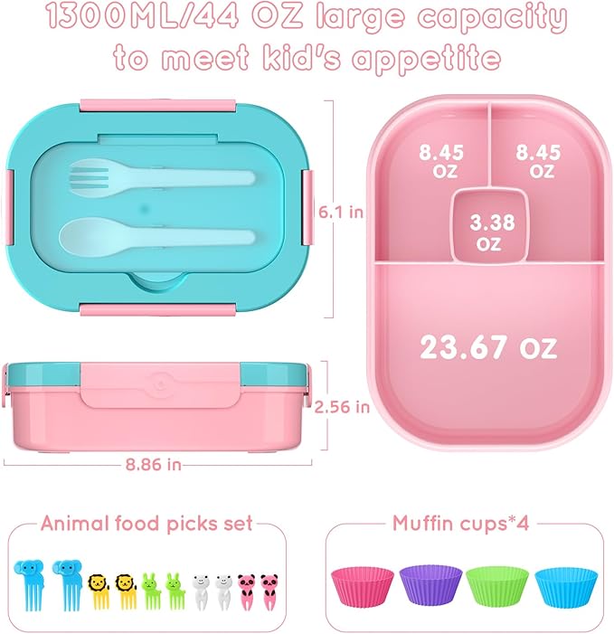 Lunch Box Kid Adult Bento Box, 4-Compartment Food Lunch Containers with Fork & Spoon, BPA Free, Leak-Proof Bento-Style Lunch Box for Work School, Microwave & Dishwasher Safe (Candy)