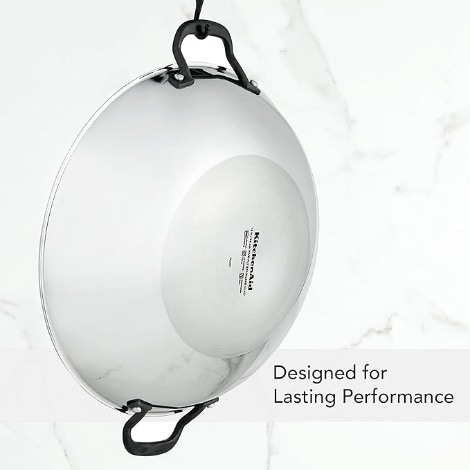 KitchenAid 5-Ply Clad Polished Stainless Steel Wok, Induction Compatible, Dishwasher Safe, 15 Inch Open Stir-Fry Pan