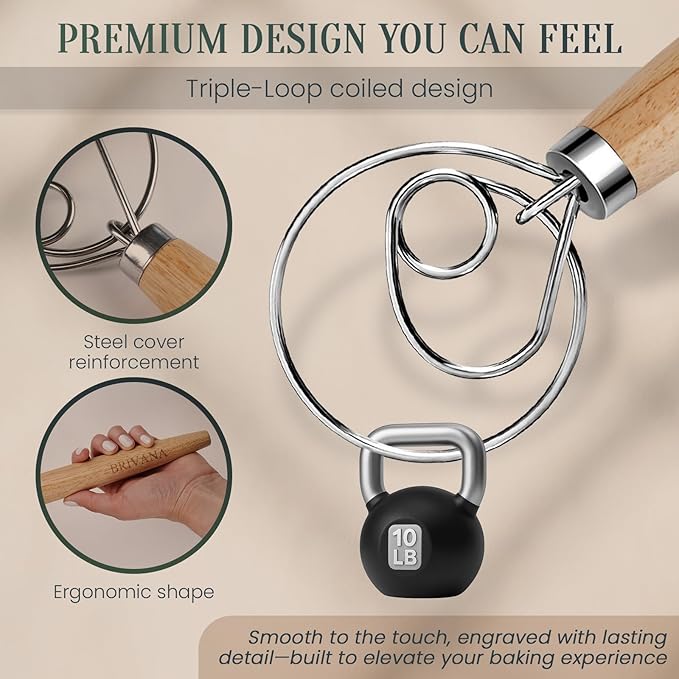 13-Inch Danish Dough Whisk, Wooden Handle with Stainless Steel Single Loop Dough Hook, Dough Whisk for Sourdough, Pizza, Cake Batter