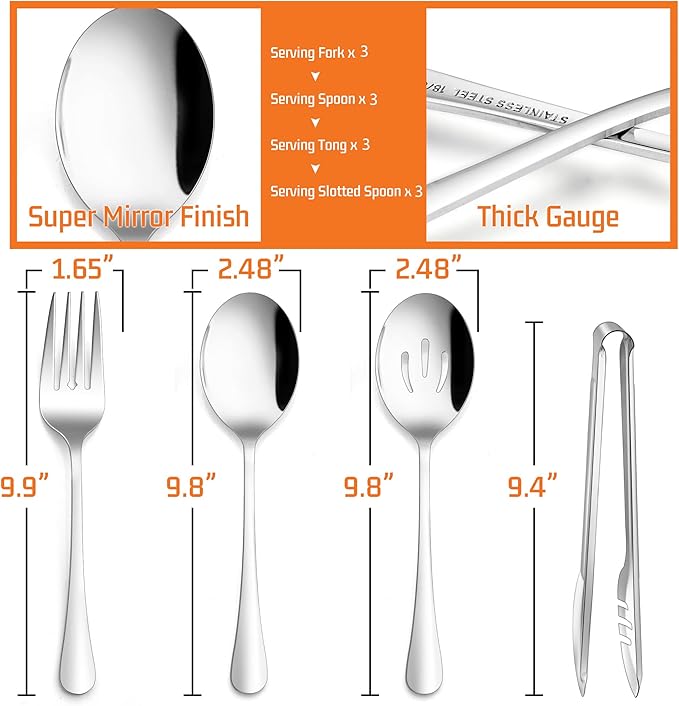 12-Piece Large Serving Utensils Set, E-far Stainless Steel 9.8 Inch Serving Slotted Spoons, 9.9 Inch Fork, 9.4 Inch Tong for Buffet Catering Banquet, Mirror Finish & Dishwasher Safe