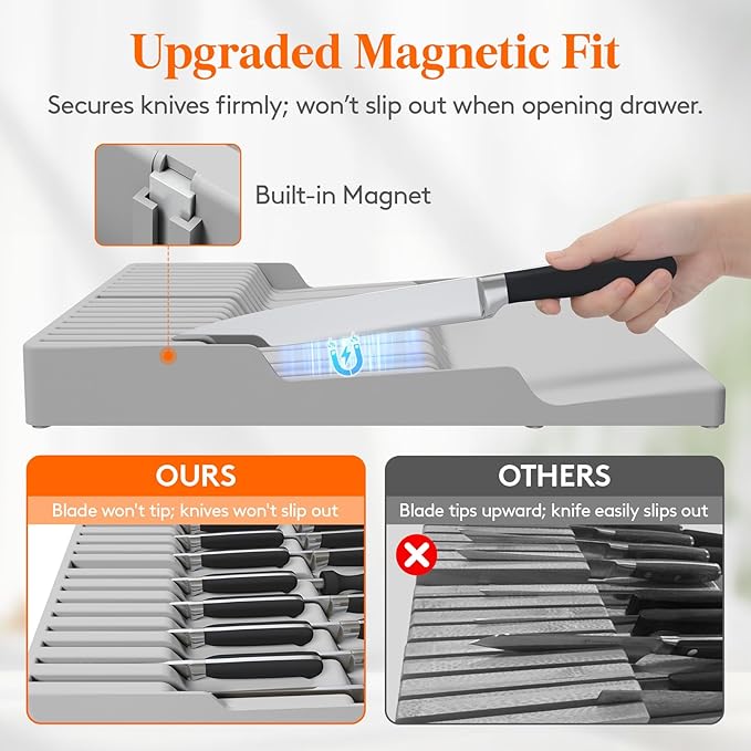 Lifewit Magnetic Drawer Knife Organizers Insert, Kitchen Plastic In Drawer Knife Block Slots for 16 Knives and 1 Sharpening Steel, Extra Large Steak Chefs Knives Holder Storage Sets, Gray