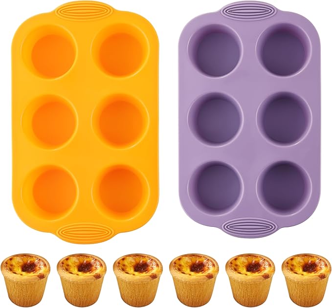 JJOO 2PCS Silicone Muffin Pan, 6-Cavity Nonstick Muffin Cupcake Pans Molds for Baking, Great for Cupcakes, Muffin, Brownies and More, BPA Free, Pack of 2 Colors (Orange and Purple)
