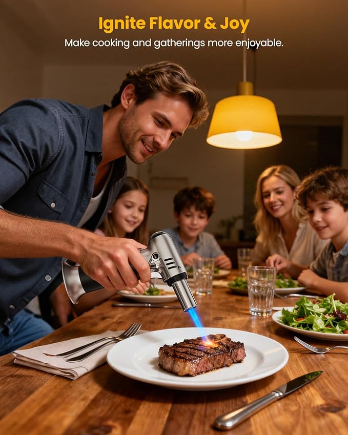 Kollea Butane Torch Lighter, Mini Kitchen Cooking Torch Lighter with Fuel Gauge & Continuous Flame Lock & Nozzle, Culinary Blow Creme Brulee Torch for Baking Food Desserts (Butane Gas Not Included)