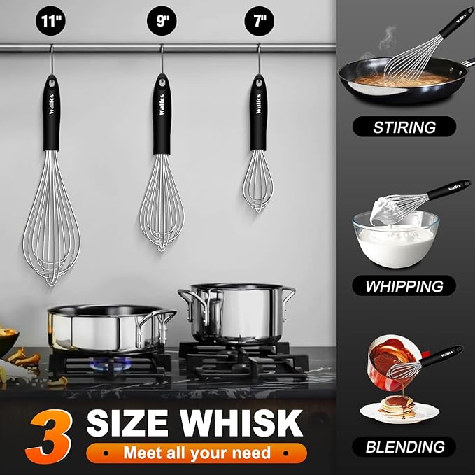 Stainless Steel Wire Whisk Set - 3 Packs Balloon Whisk, Thick Wire Wisk ＆ Strong Handles, Egg Frother for Cooking, Blending, Whisking, Beating and Stirring (7"+9"+11")