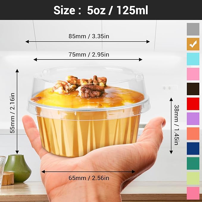 EUSOAR Disposable Ramekins, Gold 50pcs 5oz Mini Aluminium Foil Baking Cups with Lids Creme Brulee Cupcake Liners, Desert Cheesecake Pans Flan Molds Tin Cups Containers for Party Favor Birthday
