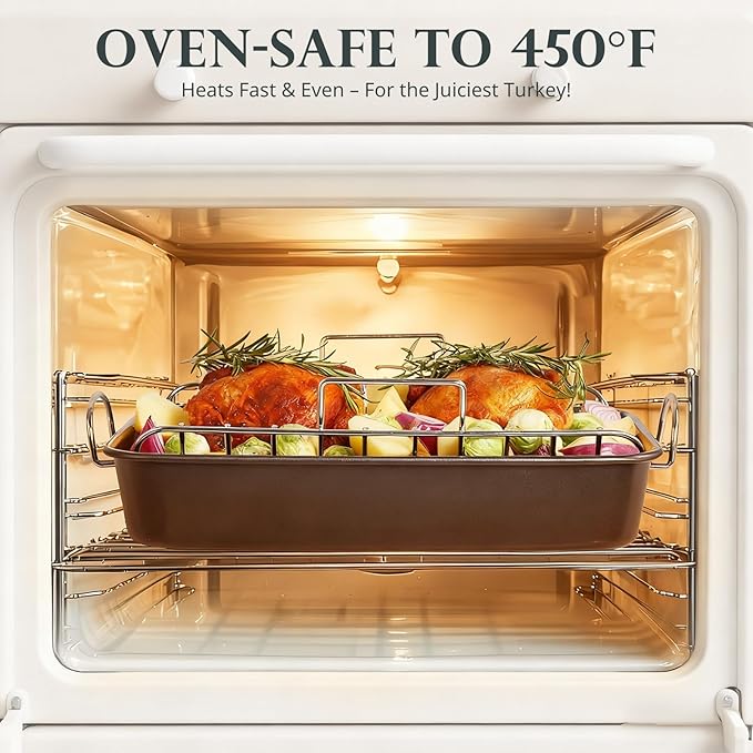 KITESSENSU Nonstick Roasting Pan with Rack 15 x 11 inch - Turkey Roaster Pan for Ovens - Wider Handles & Heavy Duty Construction, Gray