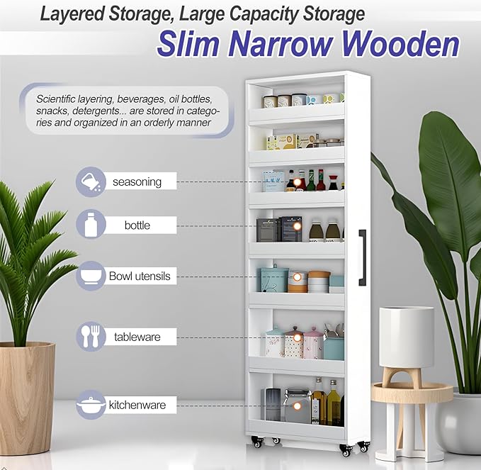 7-Tier Slim Storage Cart, Wooden Rolling Pantry Cabinet with Wheels, Narrow Shelf Organizer for Kitchen, Bakers Rack, Dining Room, Closet, Small Spaces Dark Walnut 73.2‘’H*5.9''W*19.6''D