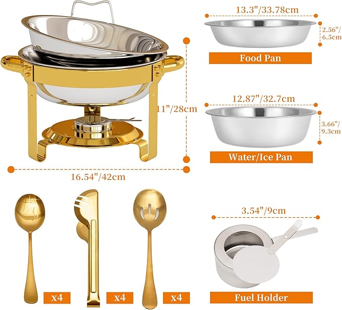 4 Pack Gold Round Chafing Dishes for Buffet, 5 QT Food Warmers and Cold Food Server for Parties, Events Hosting, Family Gatherings, Full Set Catering Supplies with Serving Utensils Accessories