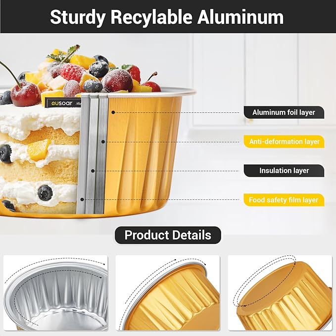 EUSOAR Disposable Ramekins, Gold 50pcs 5oz Mini Aluminium Foil Baking Cups with Lids Creme Brulee Cupcake Liners, Desert Cheesecake Pans Flan Molds Tin Cups Containers for Party Favor Birthday
