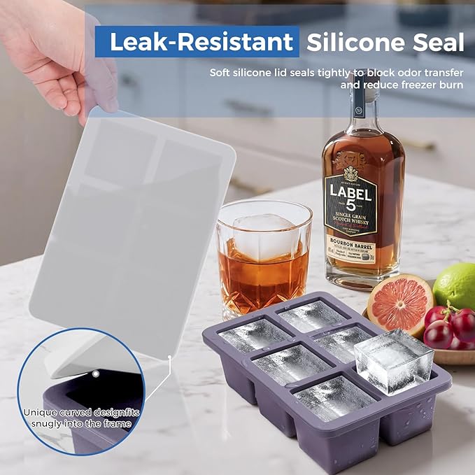 mossime Silicone Ice Cube Tray: 2pack Square Whiskey Large Ice Cube Molds - Old Fashioned Ice Cube Trays with Lid - 2inch Easy Release Big Freezer Mold for Cocktail Baby Food Soup & Juice