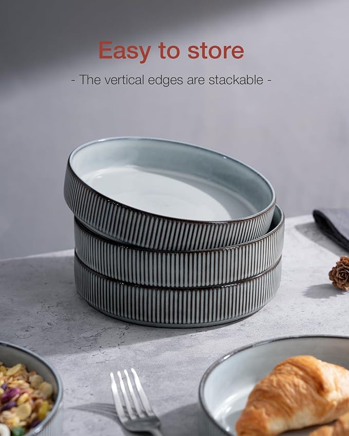 famiware Star 8.25" Pasta Bowls, Large Dinner Bowls Set of 6, Salad Bowl Plates, Shallow Bowls for Eating, Smoky Blue