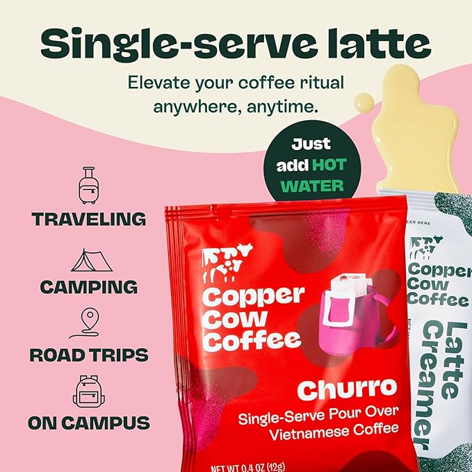 Copper Cow Premium Vietnamese Coffee Variety Pack (15 Coffees & 15 Creamers)| Classic Black, Churro, & Vanilla Latte | Pour Over Single-Serve Lattes, No Refrigeration Needed, Travel Friendly