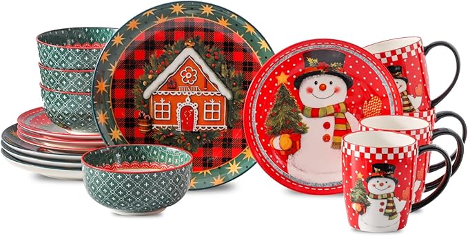 Hasense Christmas Dinnerware Set of 4, Ceramic Plates and Bowls Sets with Mugs, 16 Pieces Chip & Scratch Resistant Party Serving Dishes for Holiday Gift, Microwave and Dishwasher Safe