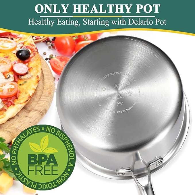 DELARLO Kitchen Pot Set, Tri-Ply Stainless Steel Saucepan Set, 1.0QT 2QT 3.5QT, Cooking Set, Fast Even Heat, Saucepan set Compatible with all Cooktops 600℉（Lids 300℉） 3.5QT Pot with a Steamer