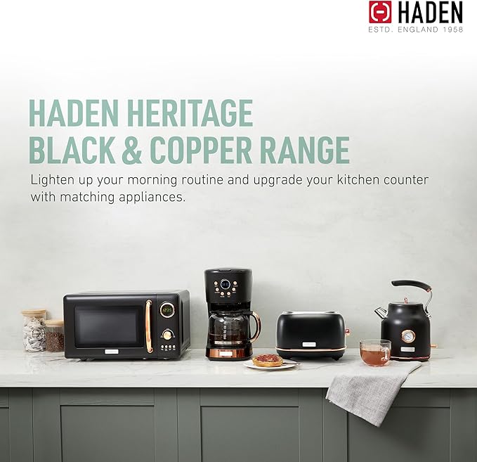Haden Heritage 2 Slice Wide Slot Stainless Steel Toaster Bundled with 12 Cup Programmable Drip Coffee Maker Coffee Machine, Black & Copper
