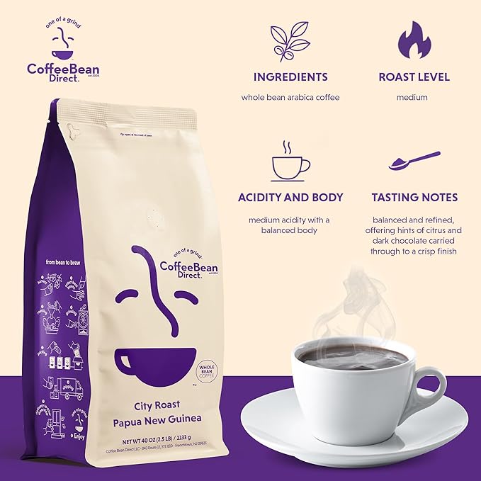 Coffee Bean Direct City Roast Papua New Guinea, Whole Bean Coffee, Medium Roast, 2.5 Pound Bag (Pack of 1)