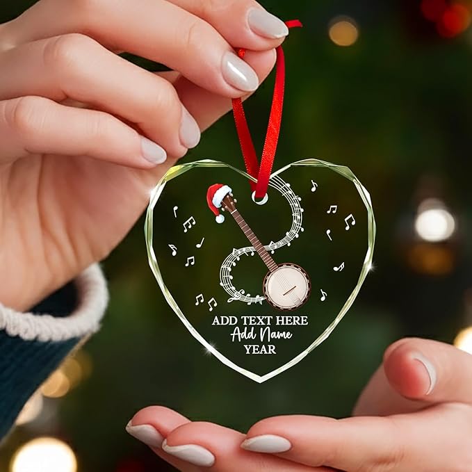 Customized Banjo Musical Instrument Glass Ornaments, Personalized Banjo Christmas Ornament with Text Name Year, 2025 Christmas Ornament Gift for Banjoist/Teacher/Student, Musician Keepsake