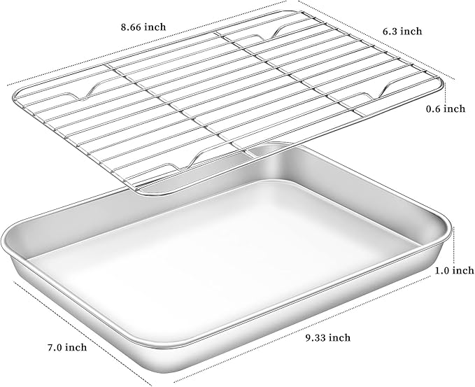 Deedro Baking Sheet with Rack Set [2 Sheets + 2 Racks], Stainless Steel Cookie Half Sheets Baking Pan Oven Tray with Cooling Rack, 9 x 7 x 1 Inch, Heavy Duty, Non-toxic, Easy Clean