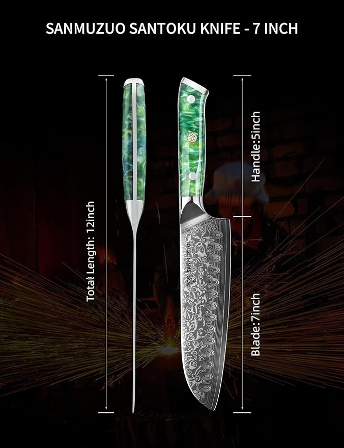 Santoku Knife - 7 inch - Xuan Series - VG10 Damascus Steel Kitchen Knife - Resin Handle (Jade Green)