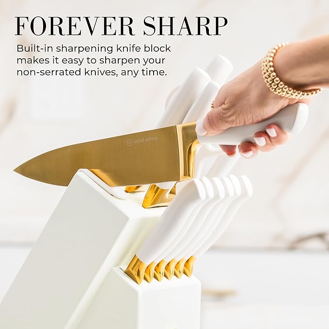 White and Gold Knife Set with Block - 14-Piece White Knife Set with Block and Built-In Sharpener – Titanium-Coated High Carbon Stainless Steel Blades - Gold Kitchen Accessories - Great for Gifting