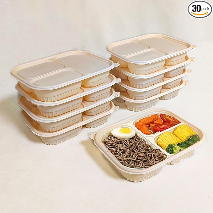 30 Pack of 3-Compartment Disposable Meal Prep Container, 36 Ounce Pre Meal Container, Food Storage Bento Box. Reusable Takeaway Container, Stackable, Microwave Refrigerator Safe.