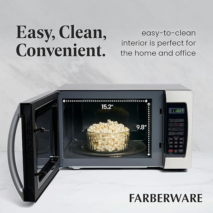 Farberware Countertop Microwave Oven 1000 Watt Power Auto Cook Settings, Defrost, Easy Clean and Child Safety Lock, 1.3 Cu. Ft, Stainless