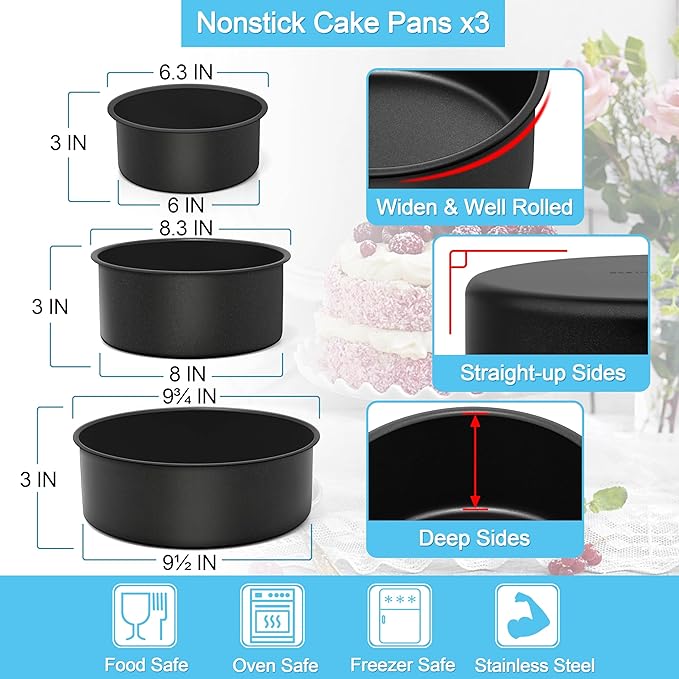 E-far Deep Cake Pan Set of 3 (6/8/9½ Inch), Nonstick Stainless Steel Round Cake Pans Tins for Baking Layer Wedding Cakes, Stainless Steel Core & Nontoxic Coating, Deep & Straight Side