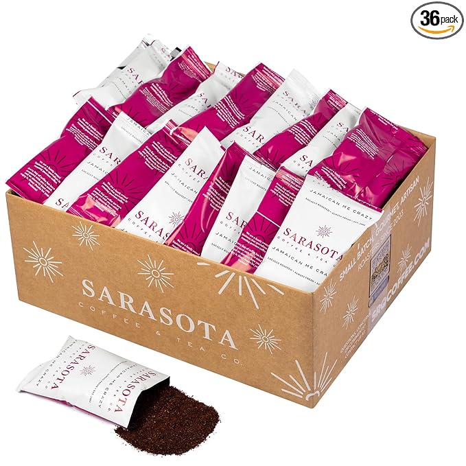 Sarasota Coffee Ground Packets | Gourmet Flavored Medium Roast Bulk Coffee Packs | Jamaican Me Crazy | Low Acid Mold Free Singles Individual Pouches for 12 Cups Maker | 2 Ounce Bags, 36 Count