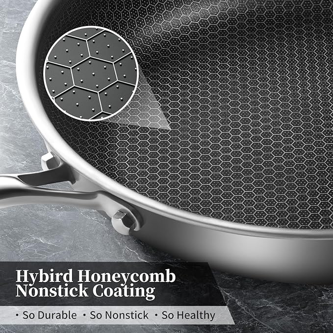 Innerwell 12 inch Tri-Ply Stainless Steel Frying Pan With Lid Large Nonstick Honeycomb Coatings Skillet for Eggs & Omelettes Non Toxic Healthy Omelette Pan Compatible W/All Cooktops