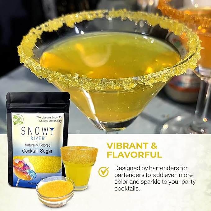 Snowy River Yellow, Cocktail & Margarita Sugar Rimmer - Vibrant Naturally Colored Sugar for Cocktail Rimming, Baking & Decorating, Medium Crystal - 4oz