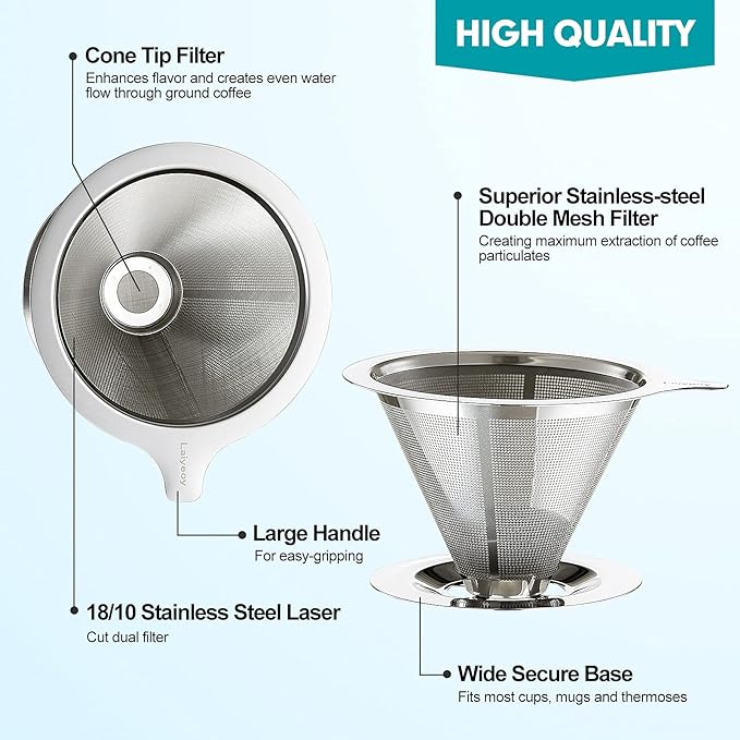 Pour Over Coffee Dripper, Slow Drip Paperless Coffee Filter, Stainless Steel Pour Over Coffee Maker for Single Cup Brew, Double Mesh Design of Manual Reusable Cone Filter.