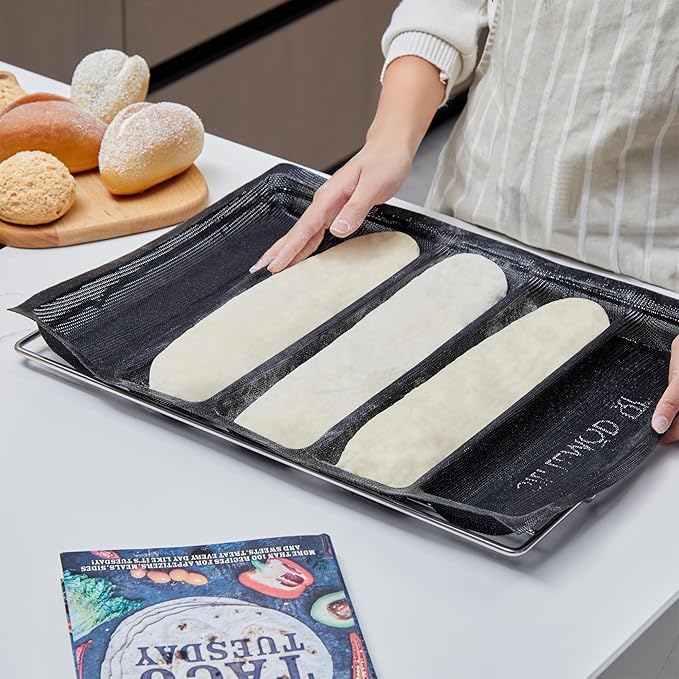 SIFLEMOD Silicone Baguette Mold - Non-stick Fench Bread Flexi Mesh Pan, Perforated Sandwich Baking Liners, Silicone Bread Baking Forms (5 Loaf, Black)