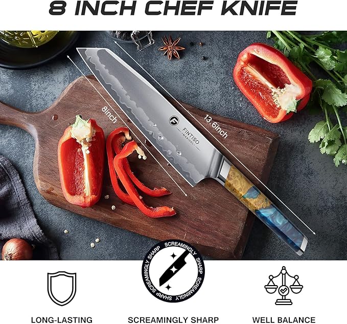 FINTISO Chef Knife 8 inch Kitchen Knife in S35VN Powder Steel Core Japanese Chef Knife, 7-Layers Clad Steel Cooking Knife Super Sharp Knife for Kitchen with Celestial Resin & Wood Handle Gift Box