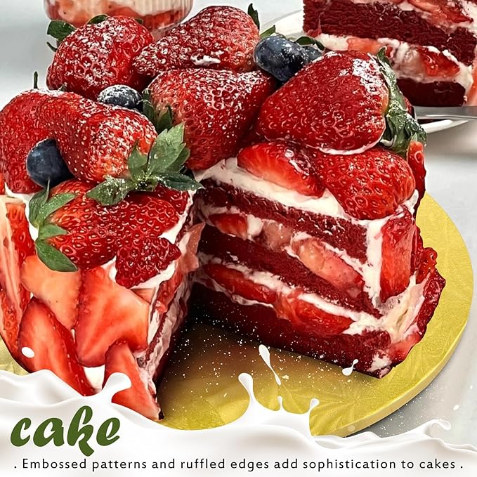 10-Pack Round Gold Cake Drum Board 12 Inch Sturdy 1/2 Inch Thick Full Wrap Edge Cake Base for Heavy Tiered Cakes(12" Gold)