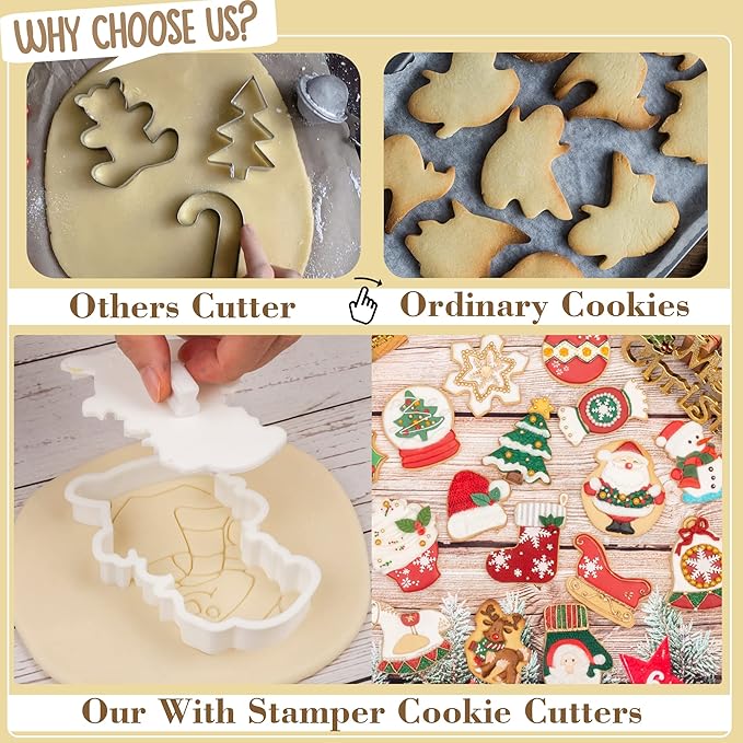 Flycalf Christmas Cookie Cutters Cupcake Shapes with Plunger Stamps Fall Holiday PLA Baking Accessories Cutter Molds Gifts for Kids Decorative Party 3.5" Kitchen Cake Supplies