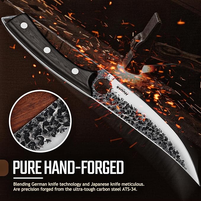 Huusk Viking Boning Knife 6 inch, Japanese Boning Knives for Meat Cutting, Full Tang Fillet Knives with Sheath, Brisket Trimming Knives for BBQ, Camping, Ideal Gift