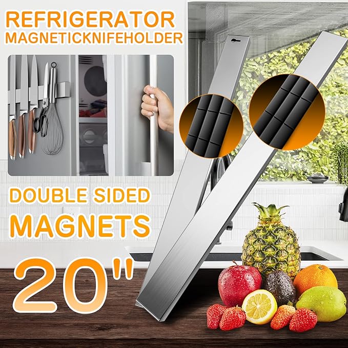 Ninonly 20 Inch Magnetic Knife Holder for Refrigerator, Stainless Steel Double Sided Magnet Knife Strip for Wall, No Drilling Magnetic Knife Rack with Powerful Magnetic Pull Force Fridge Applicable