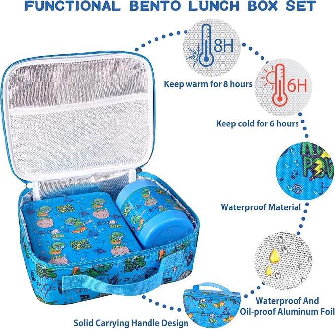 Bento Lunch Box Set for Kids with 10oz Soup Thermo, Leak-Proof Lunch Containers with 4 Compartment, Kids Thermo Hot Food Jar and Insulated Lunch Bag for Kid to School,BPA-Free(Dragon)