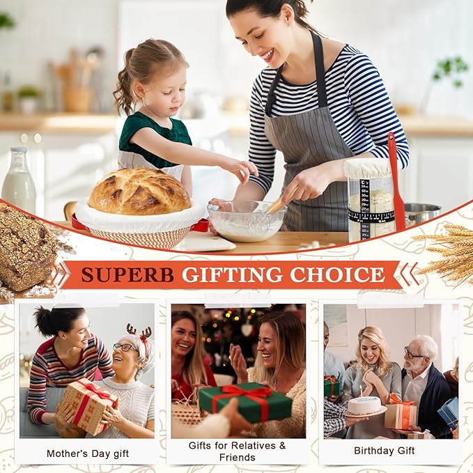 Sourdough Starter Kit,Banneton Bread Proofing Basket with Liner,Woven Bread Proofing Basket for artisan sourdough bread making,Sour Dough Bread Making Tools,Gifts for Bakers,Women,Mom,Wife