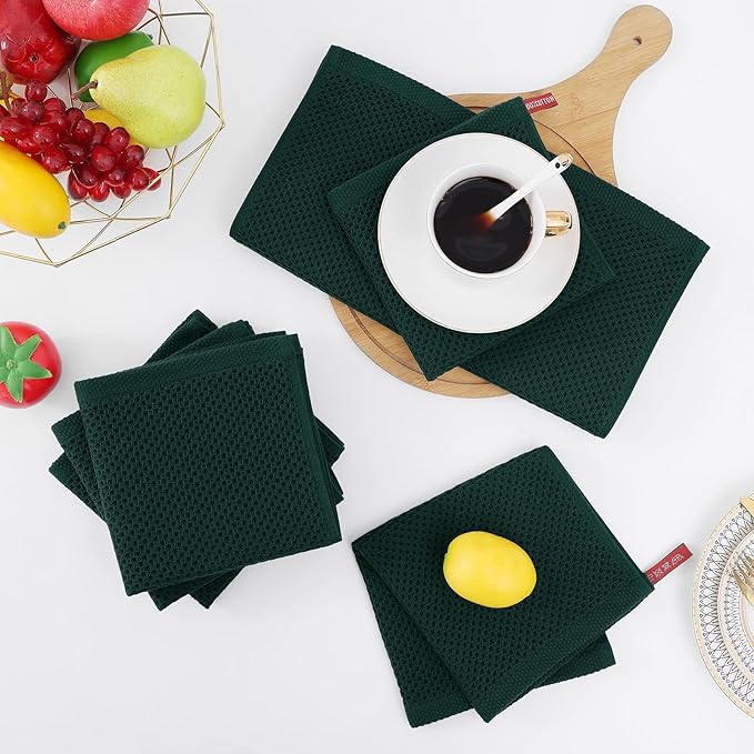 Homaxy 100% Cotton Waffle Weave Kitchen Dish Cloths, Ultra Soft Absorbent Quick Drying Dish Towels, 12 x 12 Inches, 6-Pack, Blackish Green