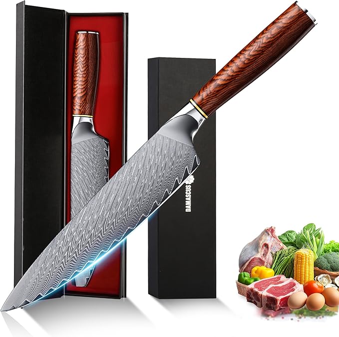 8" Chef's Knife, Japanese Damascus Chefs Knife 67 Layers High Carbon VG10 Steel Core with Wood Ergonomic Handle, Gift Box