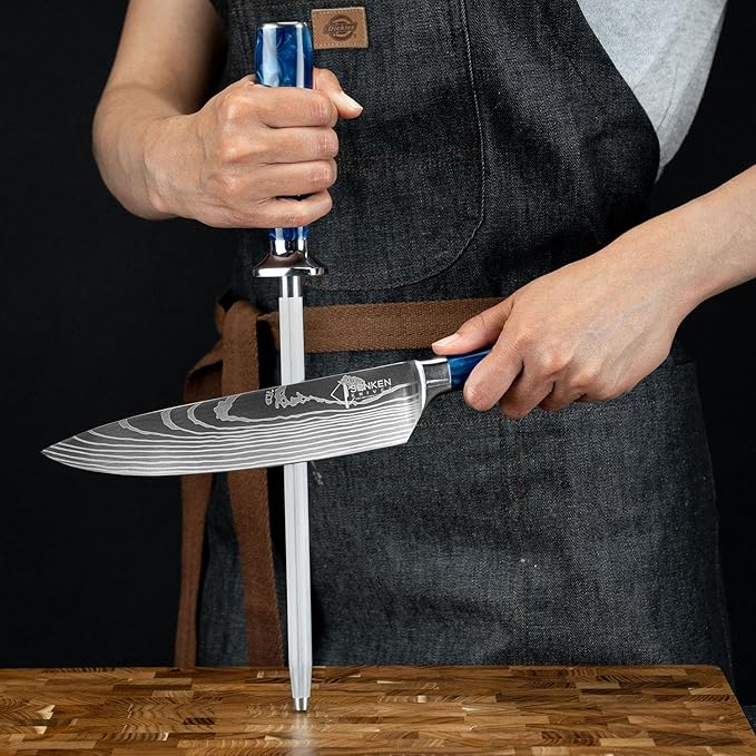 SENKEN Professional Knife Sharpening Steel with Blue Resin Handle - High Carbon Stainless Steel Rod for Sharpening & Honing Knives (Blue Resin)