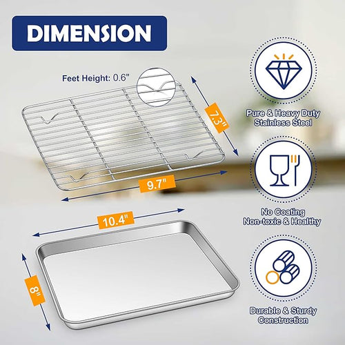 10.4 Inch Baking Sheet Pan with Rack Set, Joyfair Stainless Steel Toaster Oven Pans Tray & Cooling Racks for Cookie/Jelly Roll/Bacon/Meat, Commercial Metal & Rust-free, Dishwasher Safe