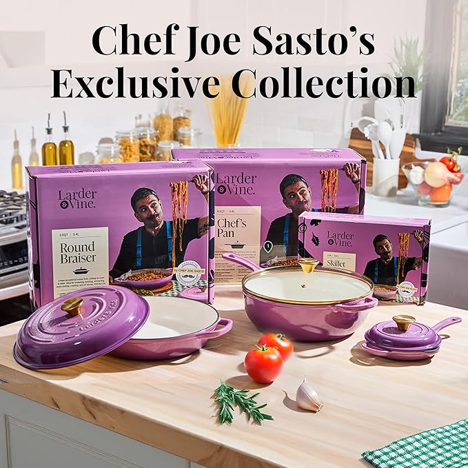 Chef Joe Sasto Small Skillet with Lid, Enameled Cast Iron, Small Frying Pan for Eggs, Omelets & Single Servings, Sweet Treats, Professional Cookware, Induction Compatible, Oven & Dishwasher Safe