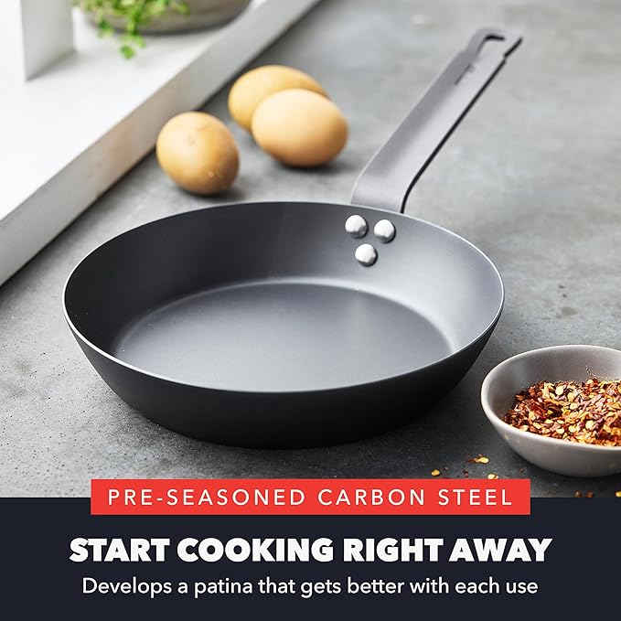 GreenPan x Bobby Flay 8" Carbon Steel Frying Pan Skillet, Pre-Seasoned Ready to Use, Nontoxic, PFAS-Free, Induction Compatible, High Heat & Oven Safe Durable Cookware, Cast Iron Alternative